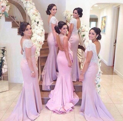 Luxury Beaded Sexy Trumpt Bridesmaid Dresses UK Capped With Sleeves Open Back Lilac Long Maid of Honor Dresses_2