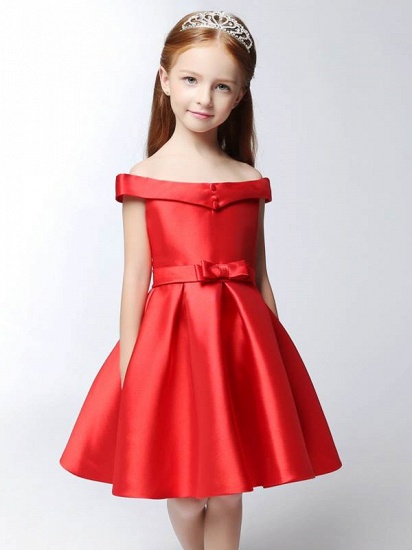 Modest Matte Satin Off-The-Shoulder Knee-Length UK Flower Girl Dress with Bowknot