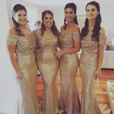 Gold Sequins Bridesmaid Dresses UK Off the Shoulder Spring Sexy Trumpt Maid of the Honor Dresses BA3186_3