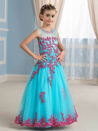 Cute Tulle Scoop Sleeveless Appliques UK Flower Girl Dress with Beading_1