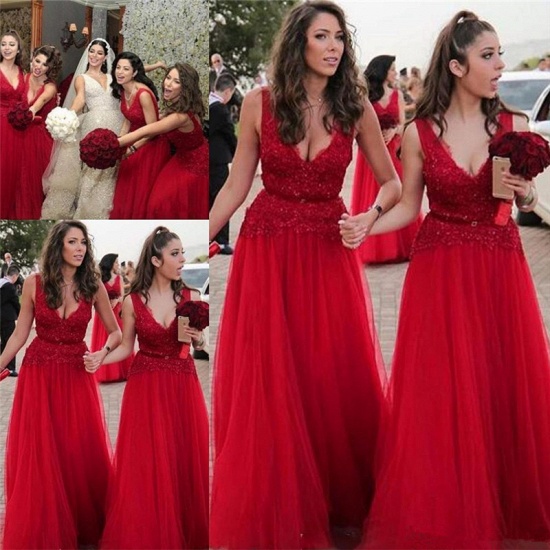 V-neck Beads Appliques Red Bridesmaid Dresses UK Spring | Tulle Cheap Long Bridesmaid Dress Online_3