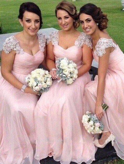 Glamorous Cap Sleeve Summer Bridesmaid Dress Long Chiffon With Beadings BA2639_1