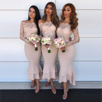 Long Sleeve Lace Bridesmaid Dresses UK Cheap | Short Column Ruffles Sexy Trumpt Formal Evening Dress_3
