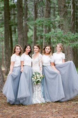 Silver White Lace Short-Sleeve Long Bridesmaid Dresses UK_1