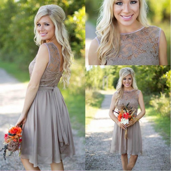 Short Chiffon Bridesmaid Dresses UK Lace Top with Sash Modest Maid of the Honor Dresses_6