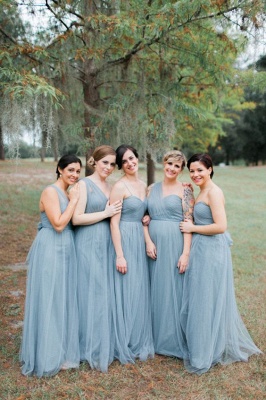 Modest Sleeveless Tulle Blue Long Bridesmaid Dresses UK_2