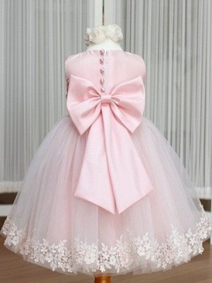 Pink UK Flower Girl Dresses Jewel Bow Sash Lace Appliques Cute Tulle A Line Pageant Dress_2