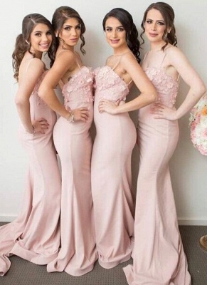Pink Spaghettis-Straps Sexy Trumpt 3D-Floral-Appliques Bridesmaid Dresses UK_1