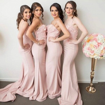 Pink Spaghettis-Straps Sexy Trumpt 3D-Floral-Appliques Bridesmaid Dresses UK_2