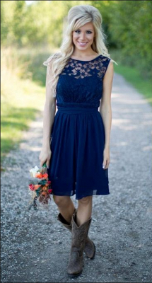 Navy Blue Lace Short Bridesmaid Dresses UK | Fall Long Wedding Party Dresses_1