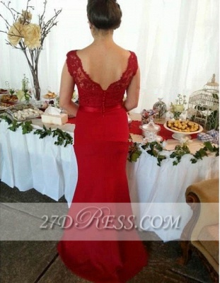 Red V-Neck Lace Bridesmaid Dresses UK Sweep Train Maid of Honor Gowns with Bottons_3