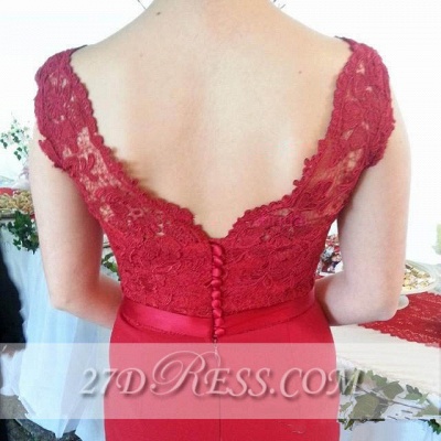 Red V-Neck Lace Bridesmaid Dresses UK Sweep Train Maid of Honor Gowns with Bottons_2