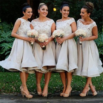 Modest Lace Off the Shoulder Tea Length Summer Bridesmaid Dress_3