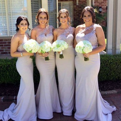 Elegant One Shoulder Lace Bridesmaid Dress Long Wedding Reception Dress_3