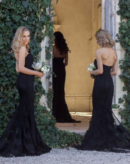 Elegant Black Sweetheart Sexy Trumpt Bridesmaid Dress Lace Wedding Reception Dress_1