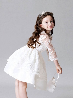 Modest Lace Bateau Appliques UK Flower Girl Dress with 3/4 Length Sleeves_3
