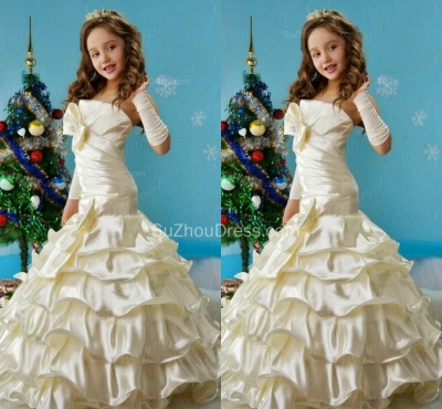 Puffy UK Flower Girl Dresses Strapless Bow Tiered Ruffle Cute Floor Length Satin Pageant Dress_1