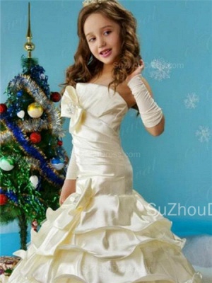 Puffy UK Flower Girl Dresses Strapless Bow Tiered Ruffle Cute Floor Length Satin Pageant Dress_2