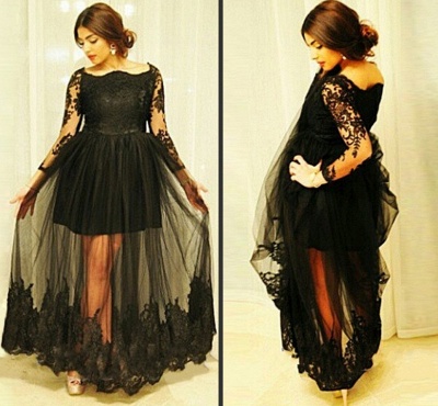 Gorgeous Tulle Black Long-Sleeve Lace Long Maternity Bridesmaid Dresses_2