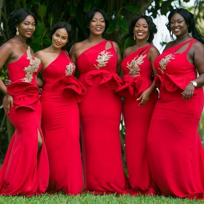 One-Shoulder Red Bridesmaid Dresses UK Plus Size Sexy Trumpt Wedding Party Dress_3
