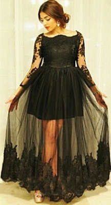 Gorgeous Tulle Black Long-Sleeve Lace Long Maternity Bridesmaid Dresses_1