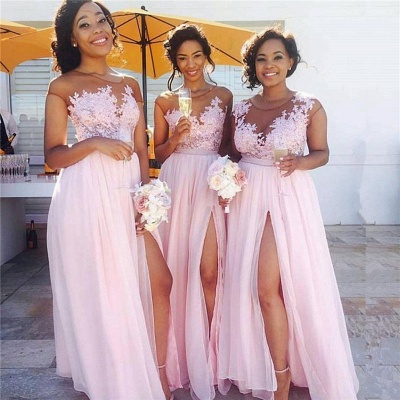 Pink Lace Chiffon Spring Bridesmaid Dresses UK Splits Long Dress for Maid of Honor Online BA6919_4