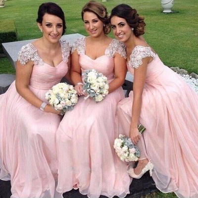 Cap Sleeves Pink Chiffon Cheap Bridesmaid Dresses UK Appliques Maid of Dresses Online_1