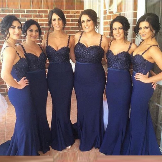 Cute Navy Spaghetti Strap Bridesmaid Dress Lace Beadings Long Wedding Party Dress_3