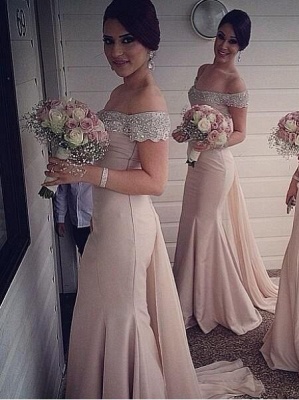Spring Off-the-Shoulder Sexy Trumpt Bridesmaid Dresses UK Sweep Train Beaded Party Dresses_1
