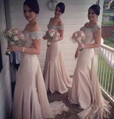 Spring Off-the-Shoulder Sexy Trumpt Bridesmaid Dresses UK Sweep Train Beaded Party Dresses_2