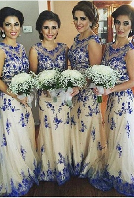 Newest Lace Appliques Illusion Bridesmaid Dress Sweep Train_1