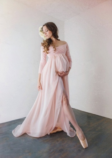 Modest Off-The-Shoulder Bridesmaid Dresses UK | Sexy Side-Slit Chiffon Maternity Maid of Honor Dresses UK