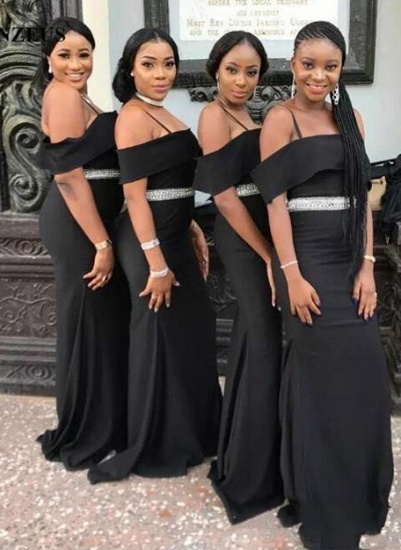 Modest Black Strapless Bridesmaid Dresses UK | Spaghettis Straps Beading Belt Wedding Party Dress_4