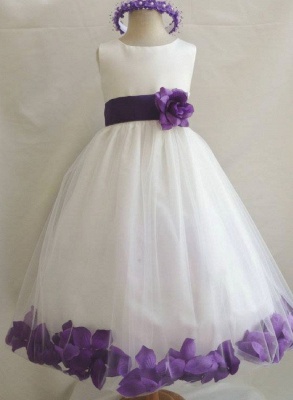 White Tulle Modest UK Flower Girl Dresses Floor Length Party Dress with Handmade Flowers_2