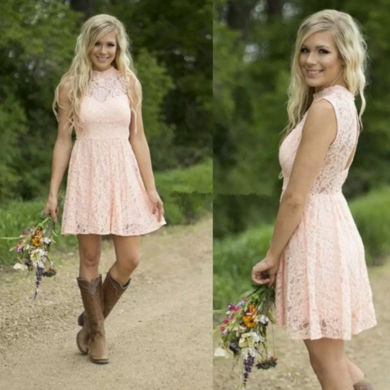 Pink Short Lace Bridesmaid Dresses UK | Hollow Back Country Wedding Party Dress_5