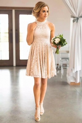 Nude Lace Short Bridesmaid Dresses UK | Pearls Halter Neck Maid of the Honor Dress_4