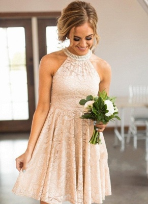 Nude Lace Short Bridesmaid Dresses UK | Pearls Halter Neck Maid of the Honor Dress_1