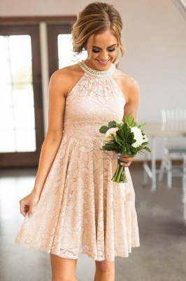 Nude Lace Short Bridesmaid Dresses UK | Pearls Halter Neck Maid of the Honor Dress_3