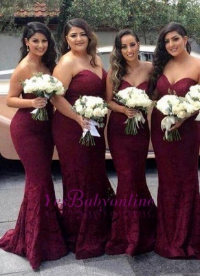 Sweetheart-Neck Burgundy Lace Sexy Trumpt Long Bridesmaid Dress On Sale_1