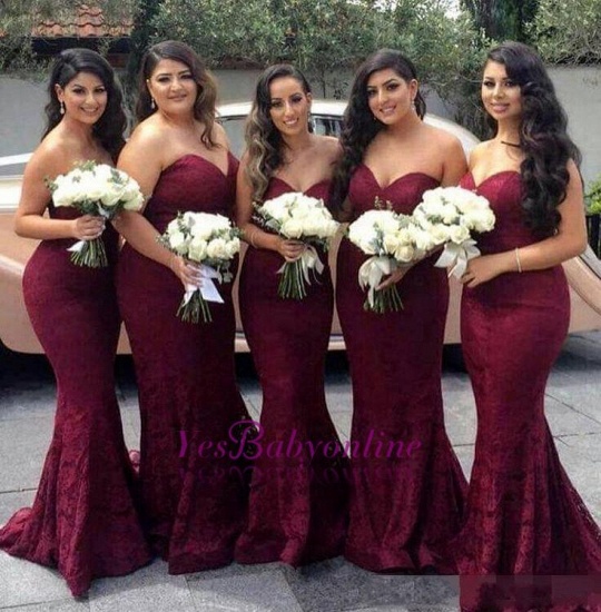 Sweetheart-Neck Burgundy Lace Sexy Trumpt Long Bridesmaid Dress On Sale_2