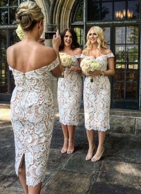 Off-the-Shoulder Bridesmaid Dresses UK | Lace Column Tea Length Maid of the Honor Dresses_1