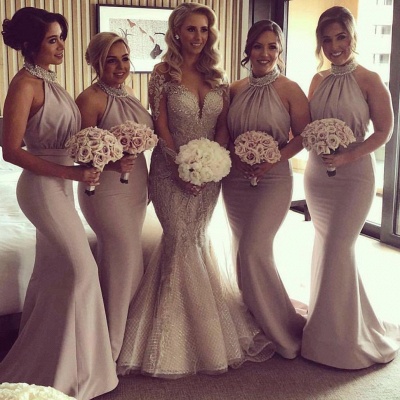 Elegant Halter Sexy Trumpt Bridesmaid Dresses UK | Spring Pleats Off-the-Shoulder Wedding Party Dresses_3