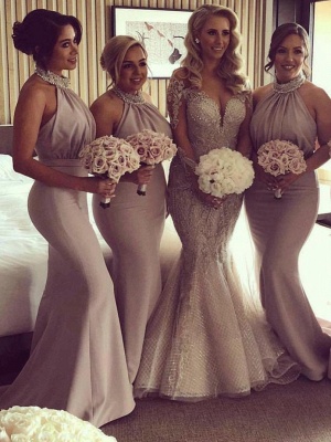 Elegant Halter Sexy Trumpt Bridesmaid Dresses UK | Spring Pleats Off-the-Shoulder Wedding Party Dresses_1