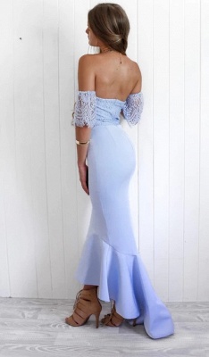 Off-The-Shoulder Sexy Trumpt Maid of Honor Dresses | High-Low Lace Bridesmaid Dresses UK_6