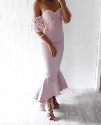 Off-The-Shoulder Sexy Trumpt Maid of Honor Dresses | High-Low Lace Bridesmaid Dresses UK_4