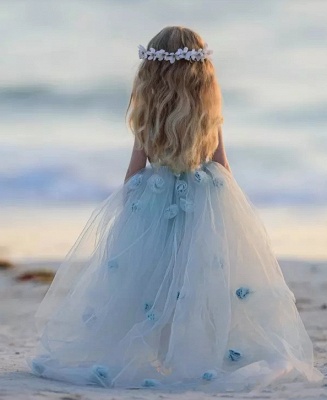 Romantic Princess Flower Girl's Dresses UK | Light Sky Blue Puffy Long Girl's Party Dress_6