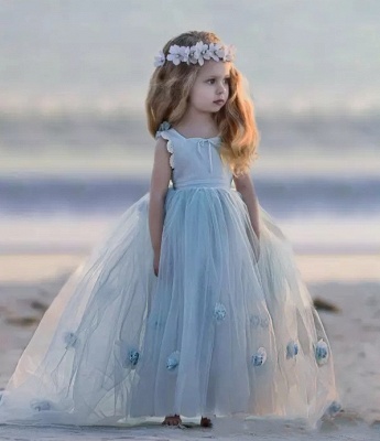 Romantic Princess Flower Girl's Dresses UK | Light Sky Blue Puffy Long Girl's Party Dress_5