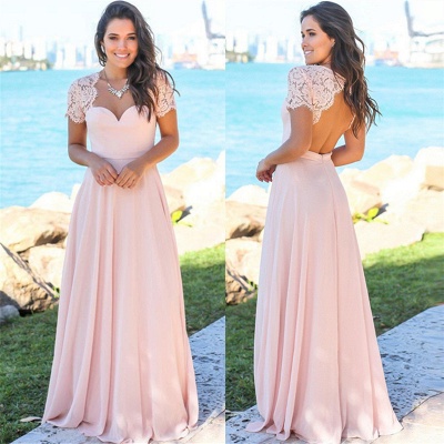 Spring Open Back Pink Bridesmaid Dresses UK Cheap | Chiffon Short Lace Sleeves Formal Evening Dresses_3