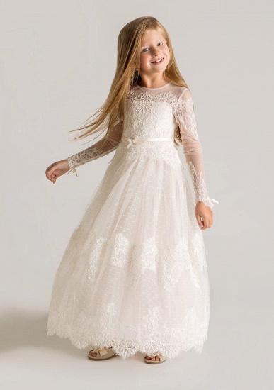 Modern Tulle Lace Modest UK Flower Girl Dress | Long Sleeve Girls Pageant Dress_1