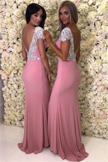 Cap Sleeve Silver Beads Crystals Bridesmaid Dresses UK Cheap | Open Back Spring Pink Maid Of Honor Dress_4